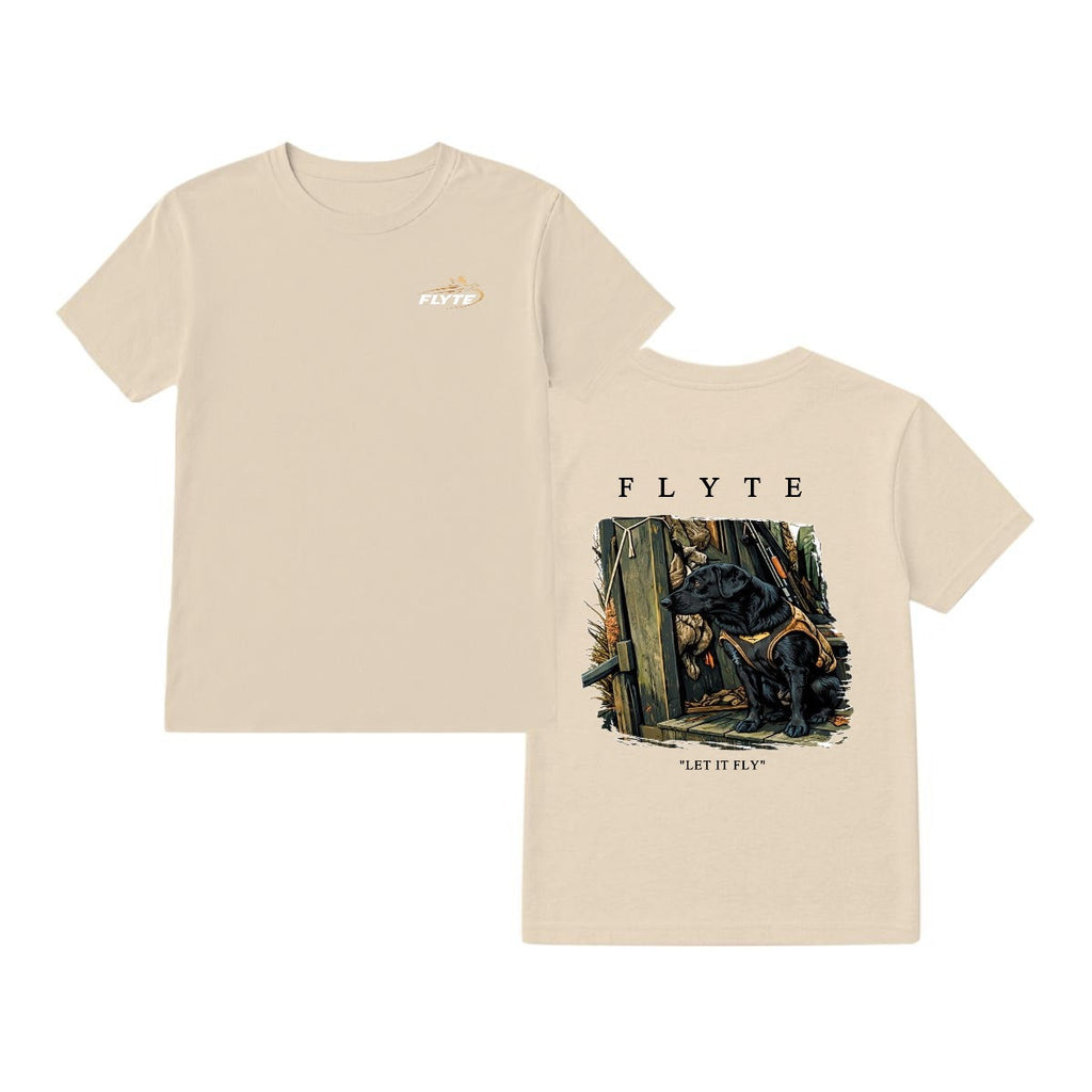 Beige t-shirt with 'Flyte' graphic design on a white background
