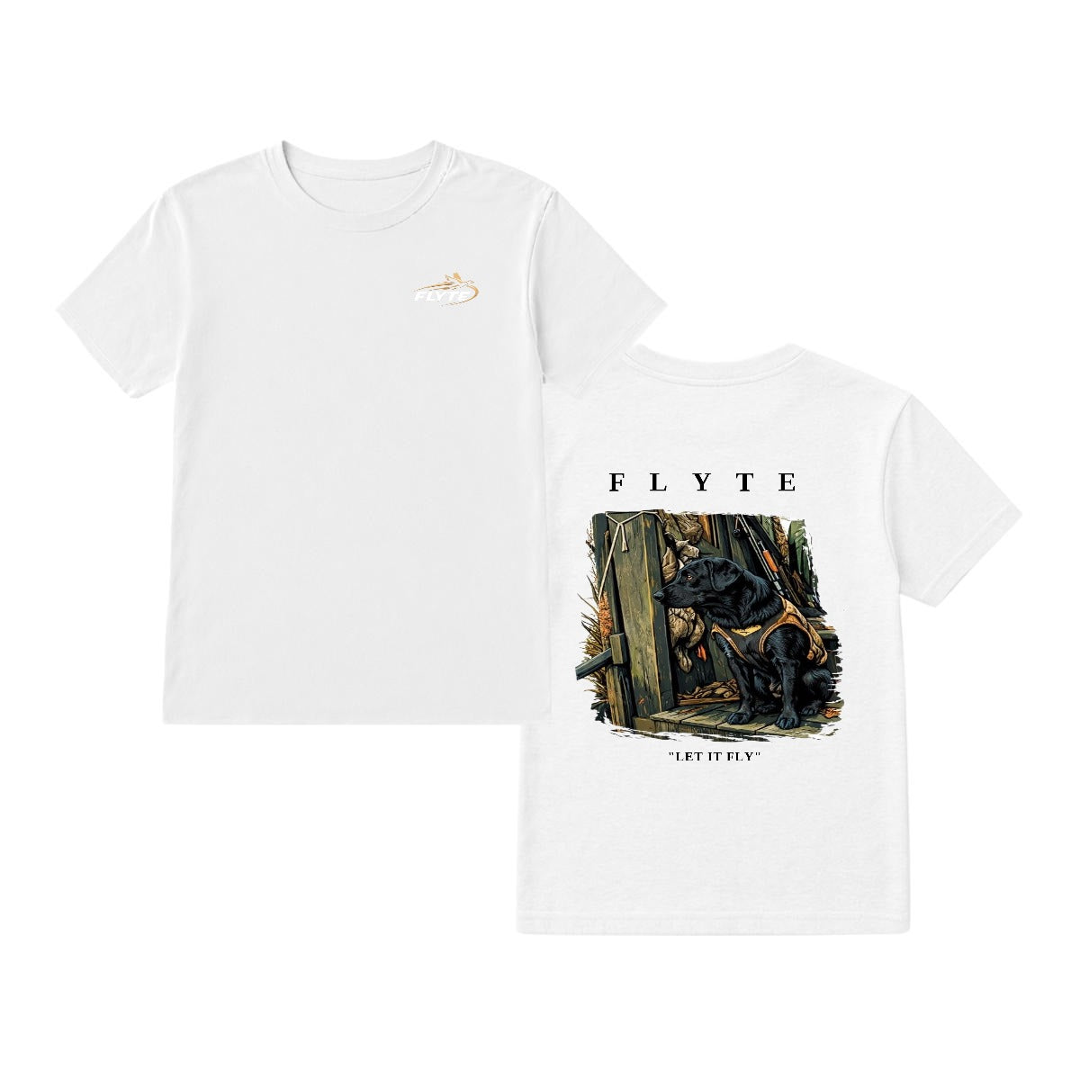 White t-shirt with 'FLYTE' design on a white background