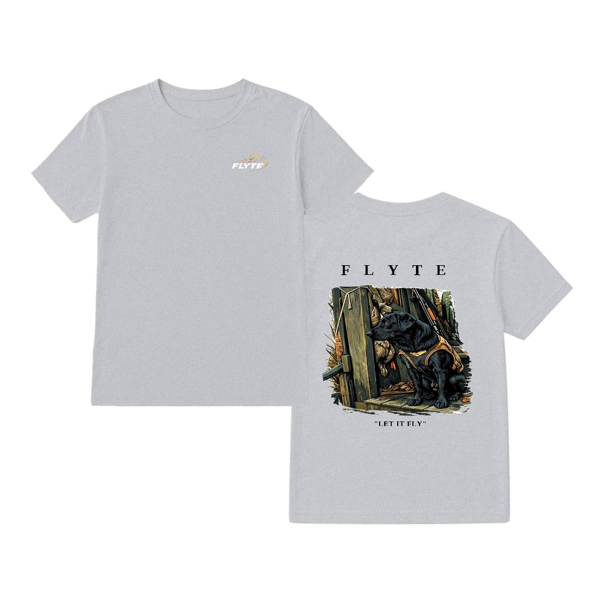 Gray t-shirt with 'FLYTE' branding and graphic design on a white background